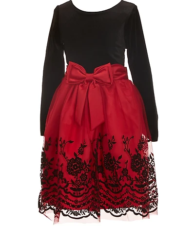Rare Editions Big Girls Long-Sleeve Velvet-Bodice/Flocked-Border-Hem Skirted Fit-And-Flare Dress