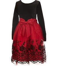 Rare Editions Big Girls Long-Sleeve Velvet-Bodice/Flocked-Border-Hem Skirted Fit-And-Flare Dress