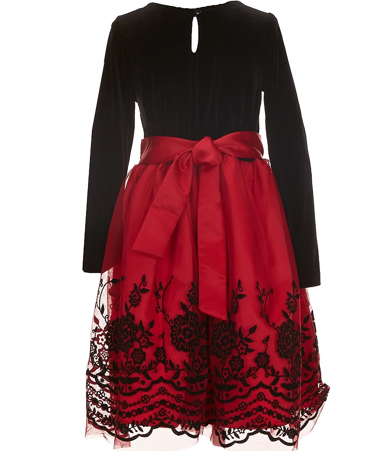Rare Editions Big Girls Long-Sleeve Velvet-Bodice/Flocked-Border-Hem Skirted Fit-And-Flare Dress