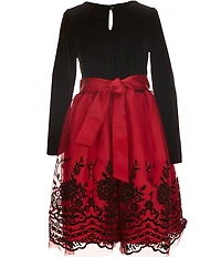 Rare Editions Big Girls Long-Sleeve Velvet-Bodice/Flocked-Border-Hem Skirted Fit-And-Flare Dress