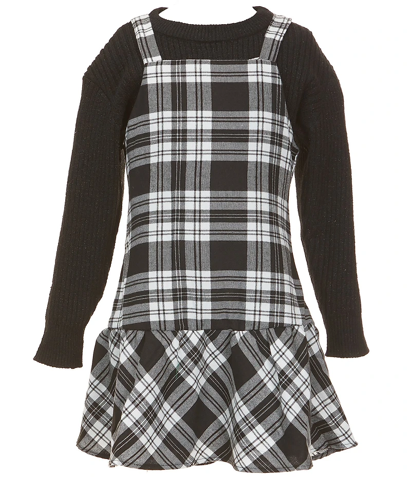 Rare Editions Big Girls Long-Sleeve Wool-Blend Sweater & Sleeveless Plaid Drop-Waist Dress