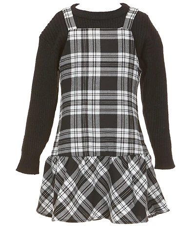 Rare Editions Big Girls Long-Sleeve Wool-Blend Sweater & Sleeveless Plaid Drop-Waist Dress