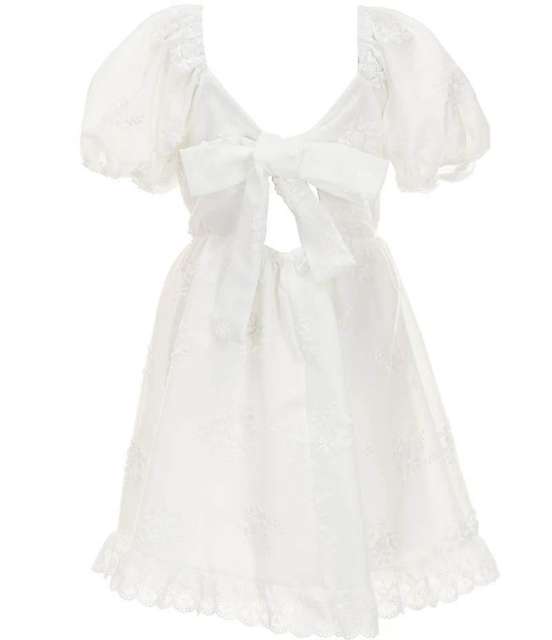 Rare Editions Big Girls Bubble Sleeve All-Over Floral Eyelet Embroidery Ruffle Hem Mini Dress