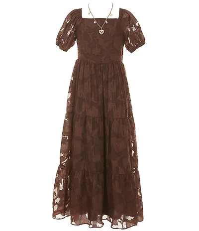 Rare Editions Big Girls Puffed-Sleeve Burnout Chiffon Drop-Waist Long Dress