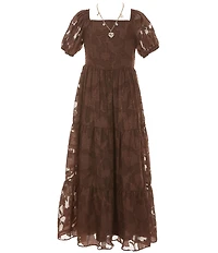 Rare Editions Big Girls Puffed-Sleeve Burnout Chiffon Drop-Waist Long Dress