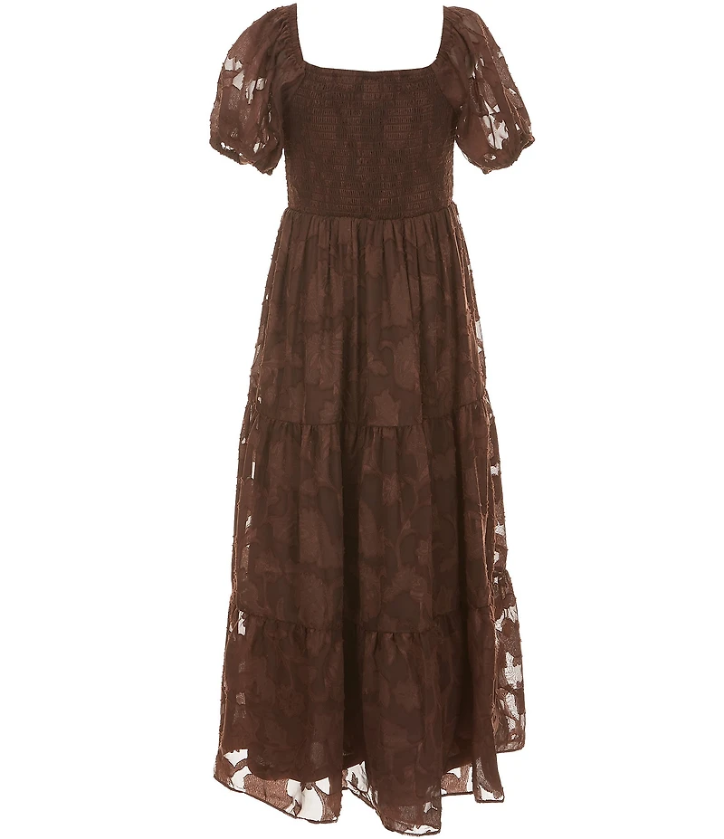 Rare Editions Big Girls Puffed-Sleeve Burnout Chiffon Drop-Waist Long Dress