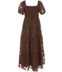 Rare Editions Big Girls Puffed-Sleeve Burnout Chiffon Drop-Waist Long Dress