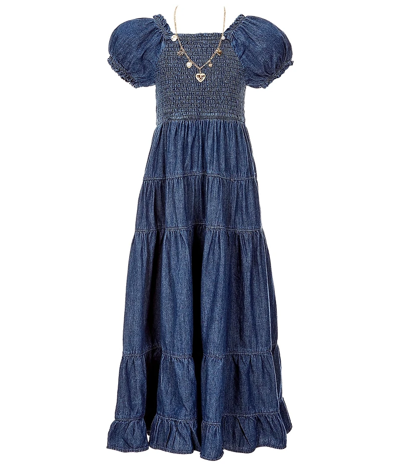 Rare Editions Big Girls Puffed-Sleeve Denim Maxi Dress