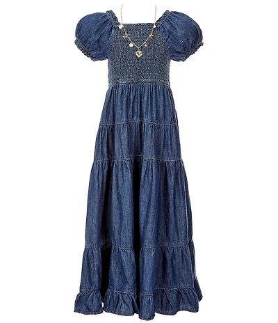 Rare Editions Big Girls Puffed-Sleeve Denim Maxi Dress