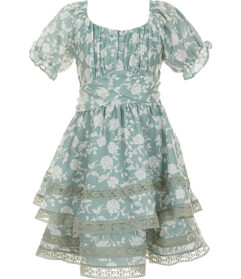 Rare Editions Big Girls Puff Sleeve Floral Overlap Waist Dress