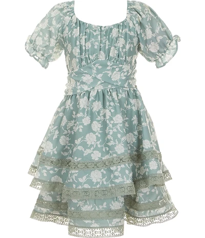 Rare Editions Big Girls Puff Sleeve Floral Overlap Waist Dress