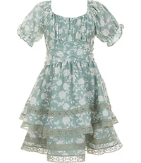 Rare Editions Big Girls Puff Sleeve Floral Overlap Waist Dress