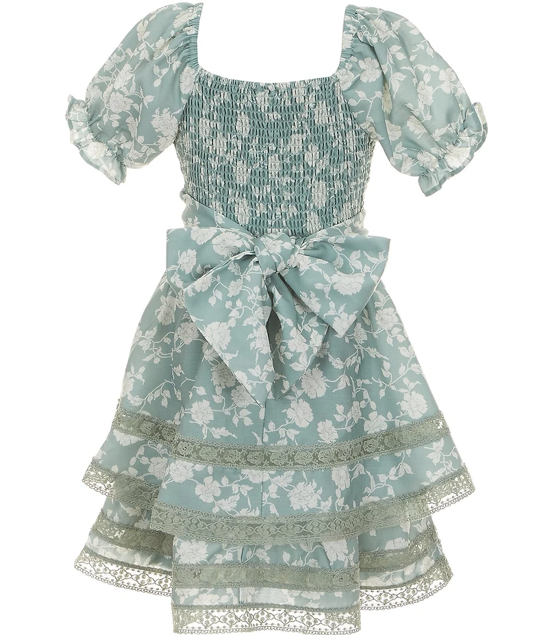 Rare Editions Big Girls Puff Sleeve Floral Overlap Waist Dress