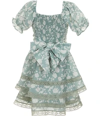 Rare Editions Big Girls Puff Sleeve Floral Overlap Waist Dress