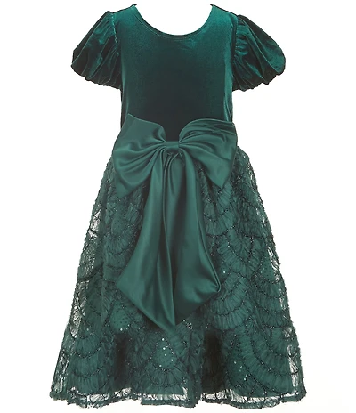 Rare Editions Big Girls Puffed-Sleeve Velvet Bodice/Sequin-Embellished Soutache-Embroidered Skirted Fit-And-Flare Dress