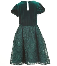 Rare Editions Big Girls Puffed-Sleeve Velvet Bodice/Sequin-Embellished Soutache-Embroidered Skirted Fit-And-Flare Dress