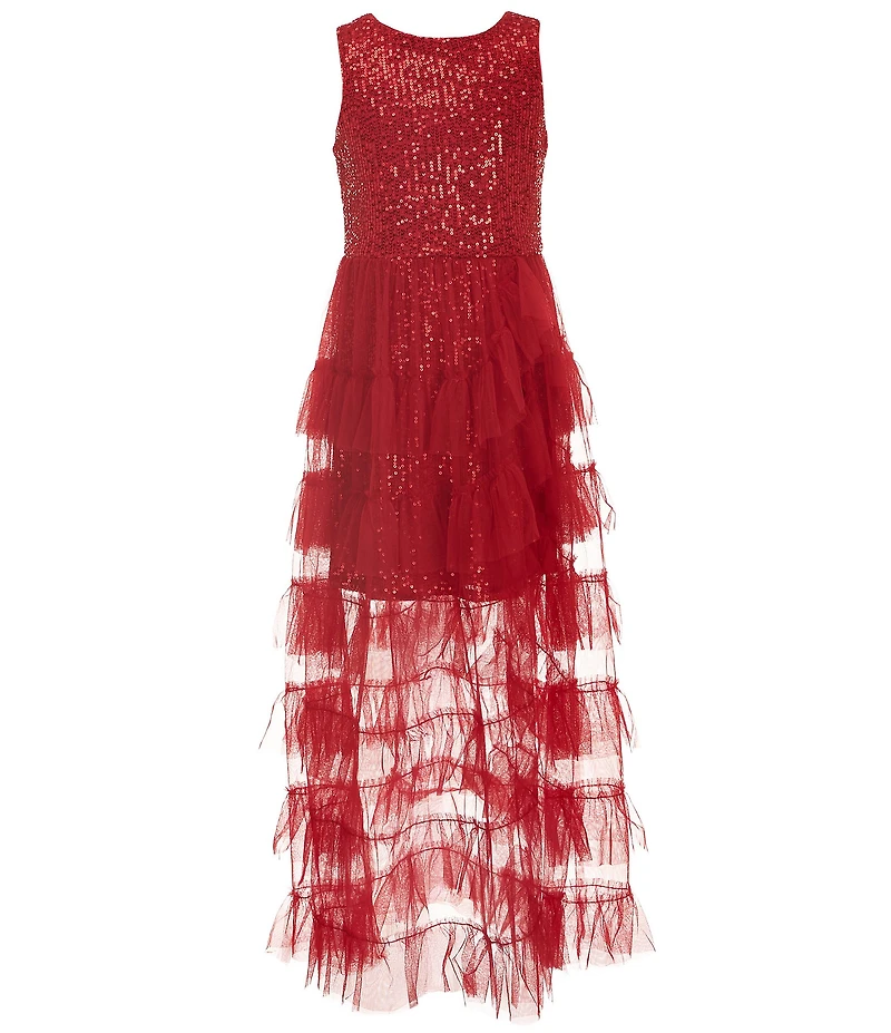 Rare Editions Big Girls Sequin-Embellished/Mesh-Overlay Walk-Through-Skirted Long Dress