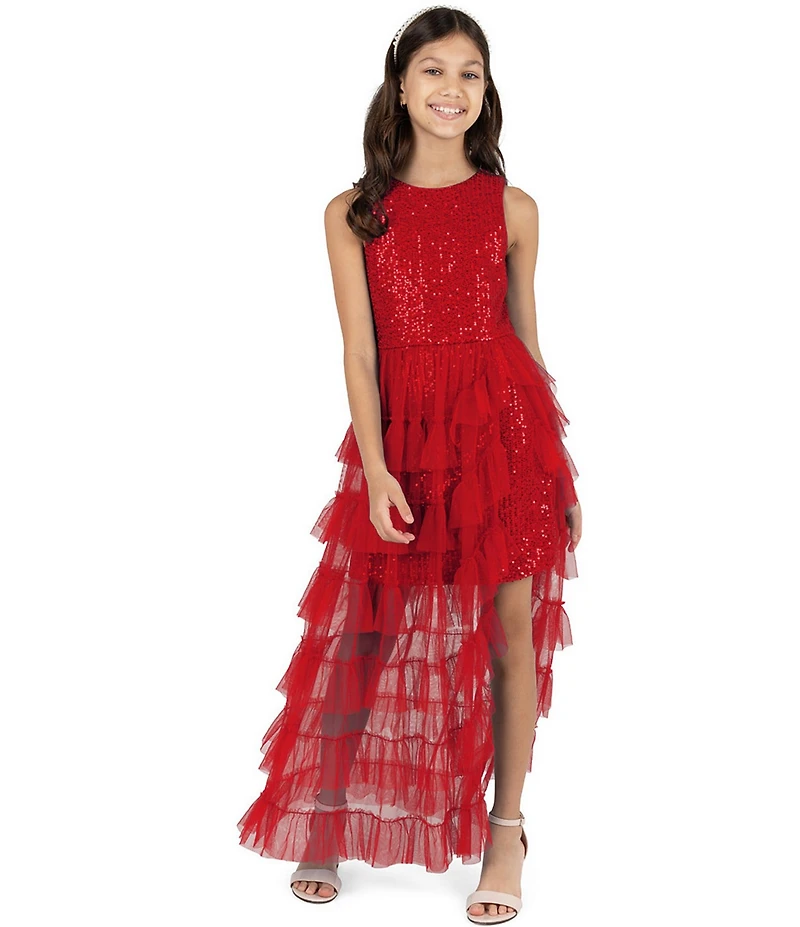 Rare Editions Big Girls Sequin-Embellished/Mesh-Overlay Walk-Through-Skirted Long Dress