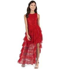 Rare Editions Big Girls Sequin-Embellished/Mesh-Overlay Walk-Through-Skirted Long Dress
