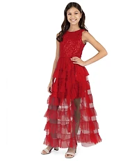 Rare Editions Big Girls Sequin-Embellished/Mesh-Overlay Walk-Through-Skirted Long Dress