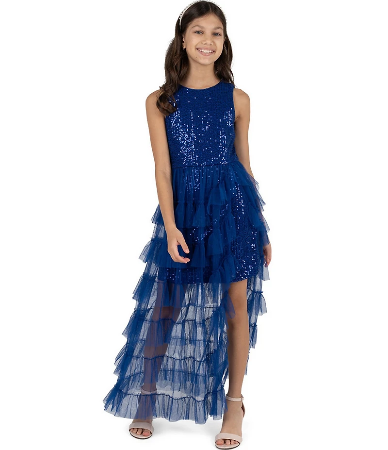 Rare Editions Big Girls Sequin-Embellished/Mesh-Overlay Walk-Through-Skirted Long Dress