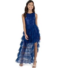 Rare Editions Big Girls Sequin-Embellished/Mesh-Overlay Walk-Through-Skirted Long Dress