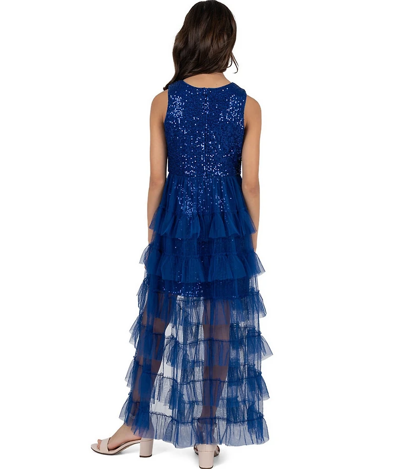 Rare Editions Big Girls Sequin-Embellished/Mesh-Overlay Walk-Through-Skirted Long Dress