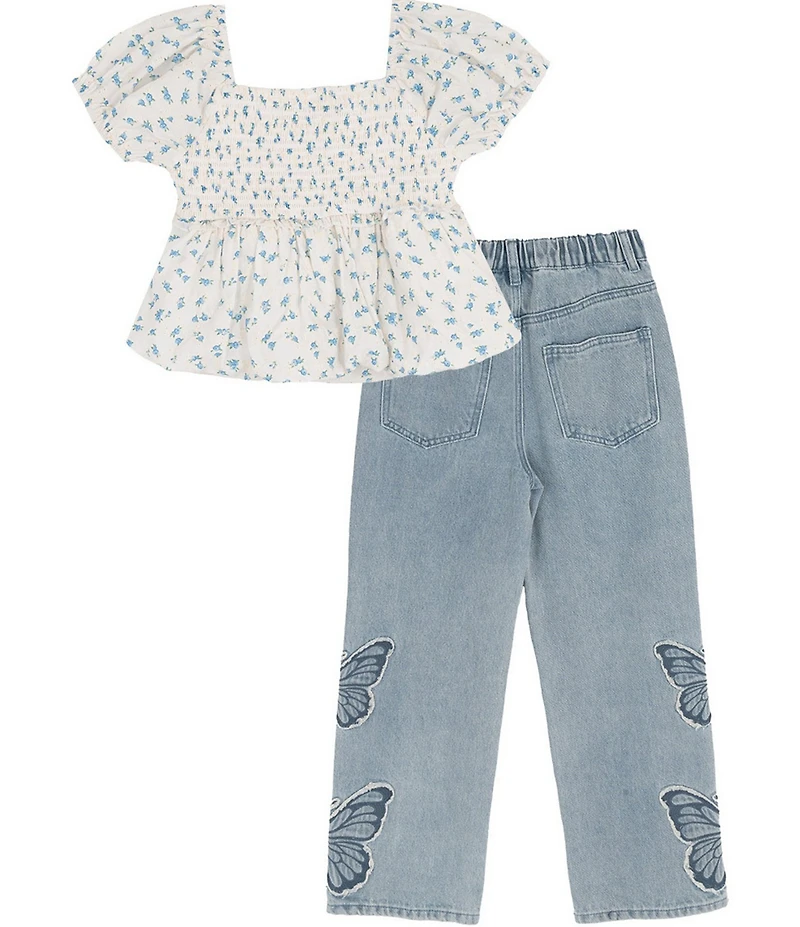 Rare Editions Big Girls Short-Sleeve Floral Printed Top, & Butterfly Denim Jeans Set