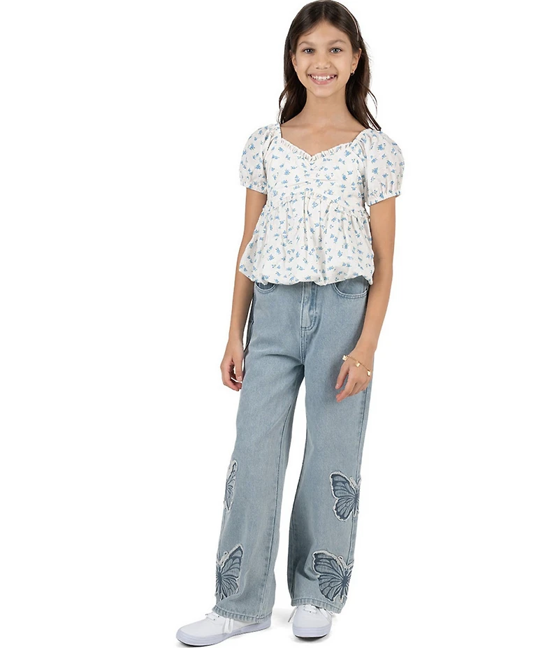 Rare Editions Big Girls Short-Sleeve Floral Printed Top, & Butterfly Denim Jeans Set