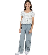 Rare Editions Big Girls Short-Sleeve Floral Printed Top, & Butterfly Denim Jeans Set