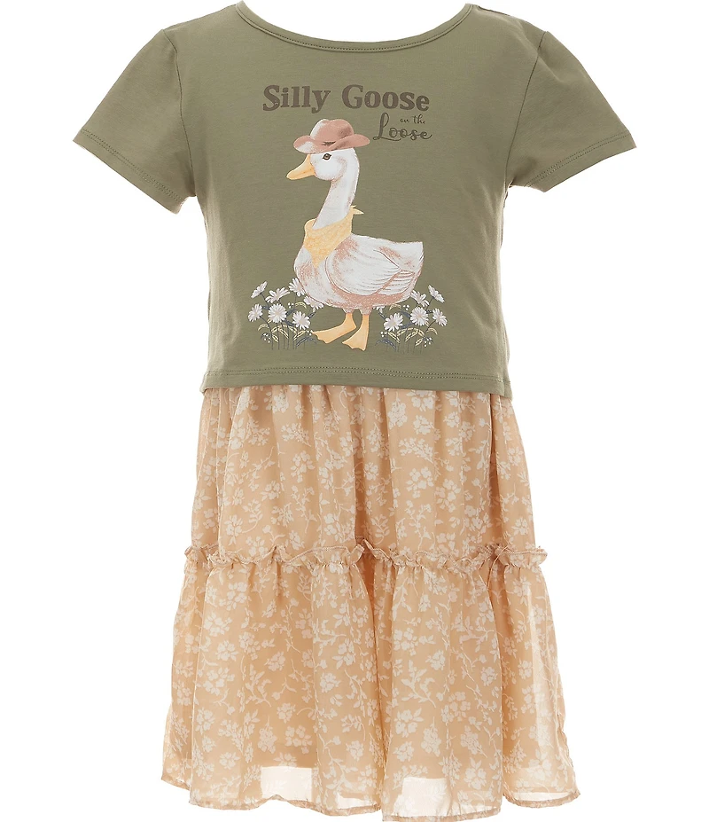 Rare Editions Big Girls Short-Sleeve Goose-Motif Popover Knit Bodice/Printed Chiffon Skirted Dress