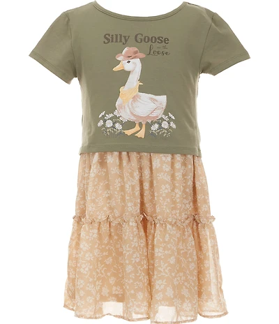 Rare Editions Big Girls Short-Sleeve Goose-Motif Popover Knit Bodice/Printed Chiffon Skirted Dress