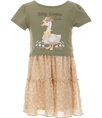 Rare Editions Big Girls Short-Sleeve Goose-Motif Popover Knit Bodice/Printed Chiffon Skirted Dress