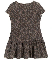 Rare Editions Big Girls Short-Sleeve Leopard-Printed Drop-Waist Shift Dress