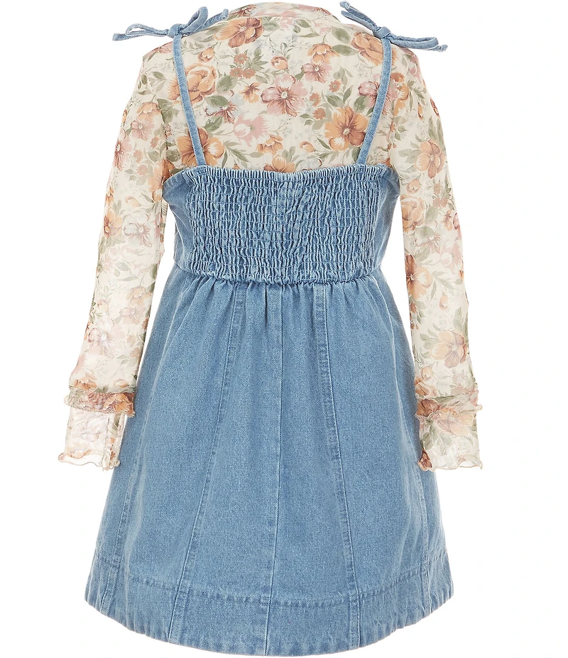 Rare Editions Big Girls Sleeveless Braided Trim Denim Jumper Dress & Long Sleeve Printed T-Shirt Set