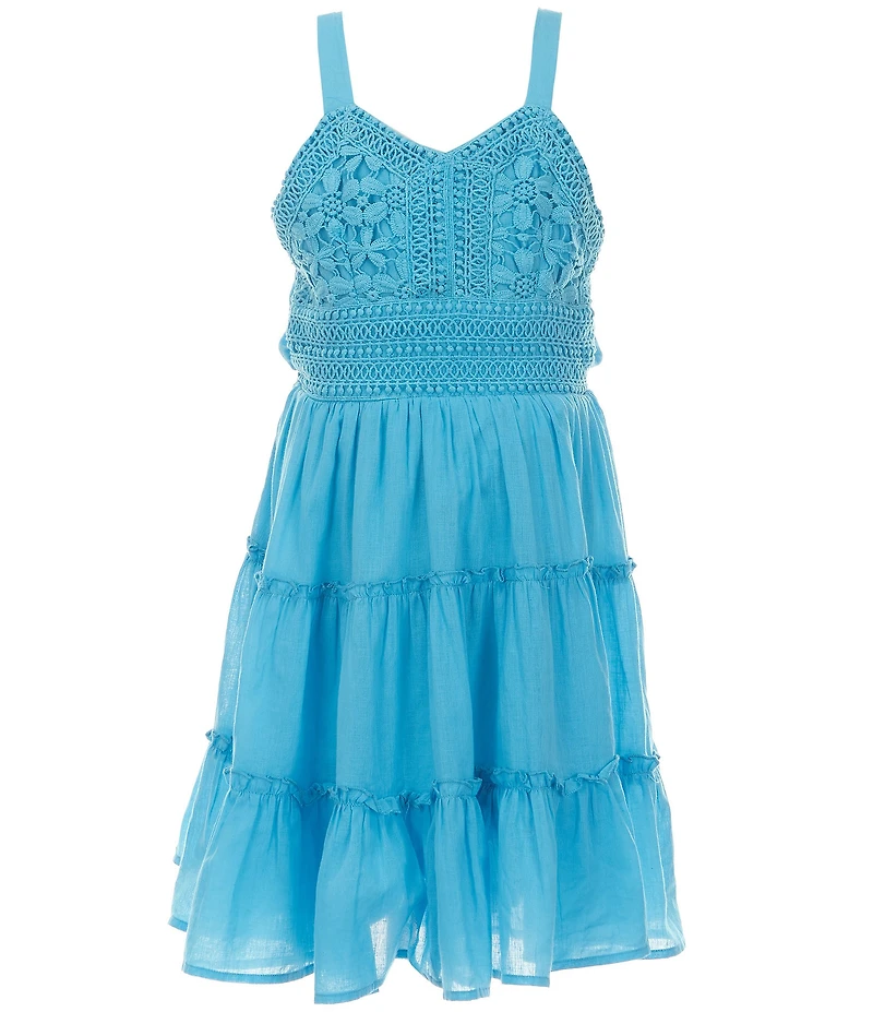 Rare Editions Big Girls Sleeveless Crocheted-Bodice/Tie-Back Gauze Dress