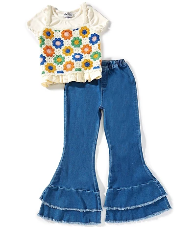 Rare Editions Big Girls Sleeveless Crocheted Vest, Short-Sleeve Knit T-Shirt & Denim Ruffle-Leg Jeans Set