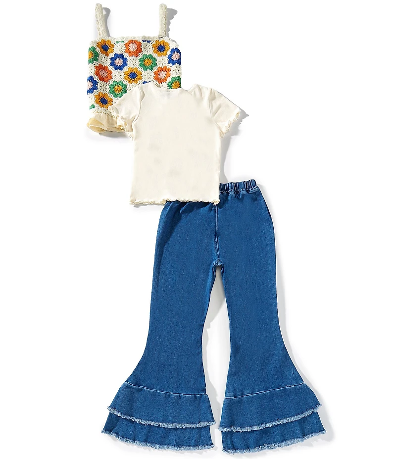 Rare Editions Big Girls Sleeveless Crocheted Vest, Short-Sleeve Knit T-Shirt & Denim Ruffle-Leg Jeans Set