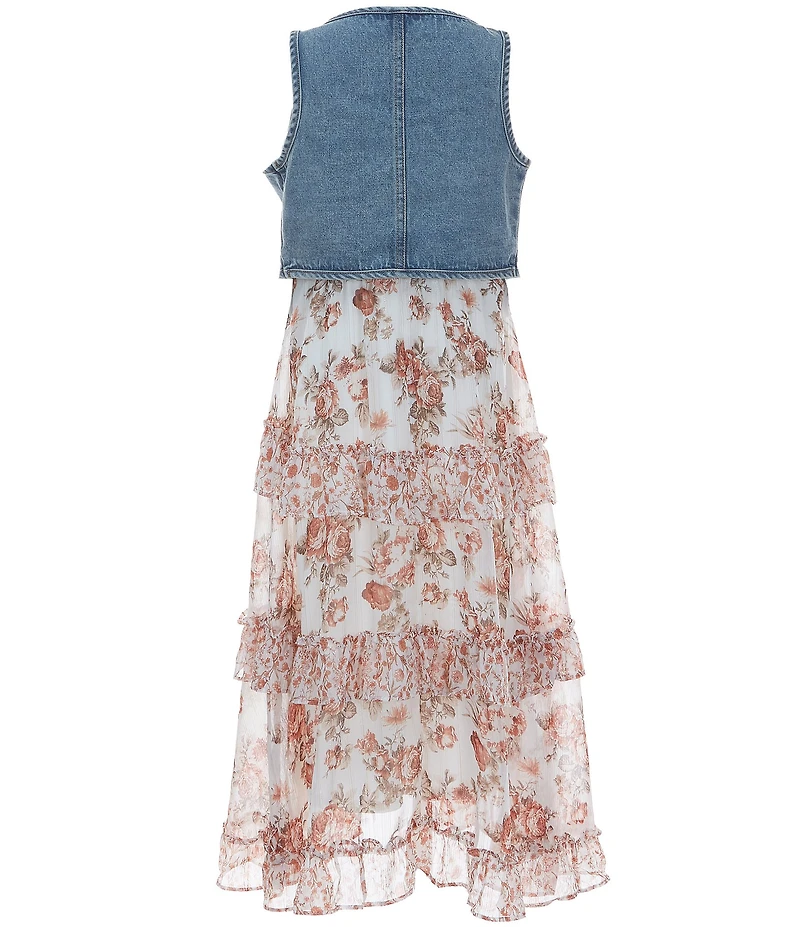 Rare Editions Big Girls Sleeveless Denim Vest & Sleeveless Mixed-Media Lurex Chiffon Dress Set