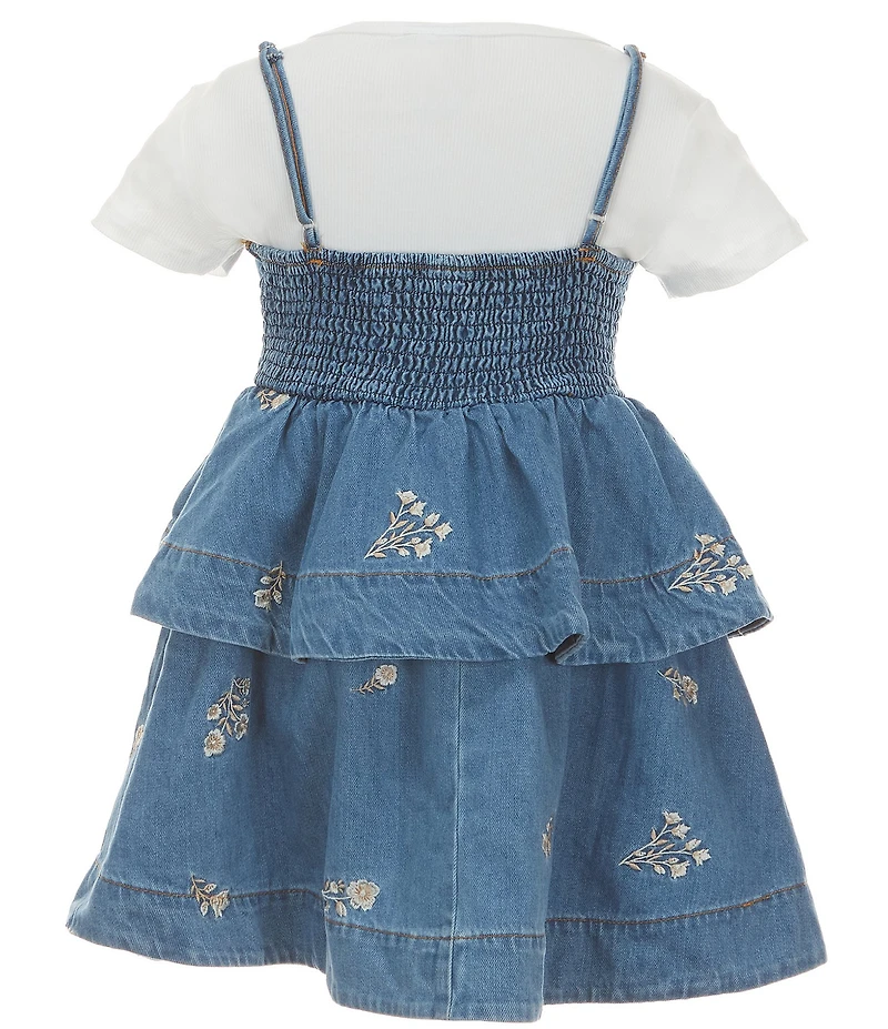 Rare Editions Big Girls Sleeveless Embroidered Denim Dress & Solid Knit T-Shirt Set