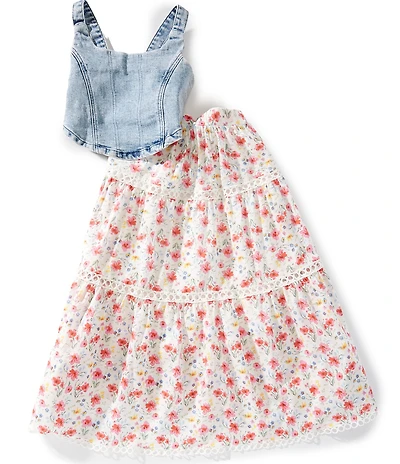 Rare Editions Big Girls Sleeveless Faux-Corseted Denim Tank Top & Floral-Printed Eyelet Detail Maxi Skirt Set