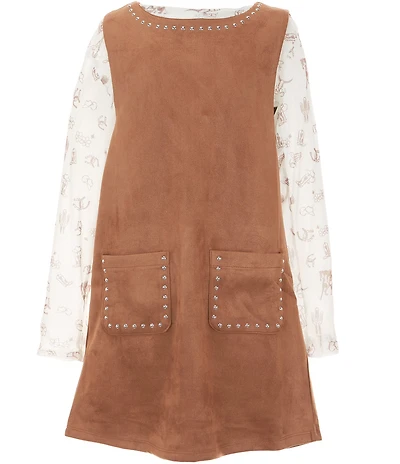 Rare Editions Big Girls Sleeveless Faux Suede Western Inspired Dress & Long Sleeve Printed Top