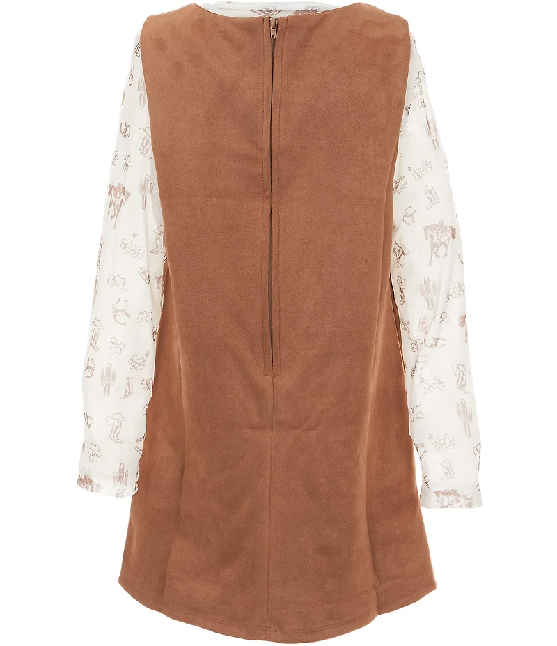 Rare Editions Big Girls Sleeveless Faux Suede Western Inspired Dress & Long Sleeve Printed Top