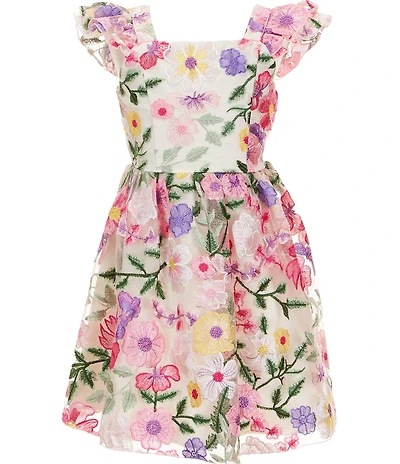 Rare Editions Big Girls Flutter Sleeve Floral-Embroidery Mesh Fit-And-Flare Dress