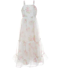 Rare Editions Big Girls Sleeveless Floral-Printed Organza Three-Tier Dress