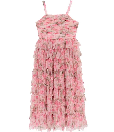 Rare Editions Big Girls Sleeveless Floral-Printed Pleated-Bodice/Ruffle-Tier Mesh Long Dress