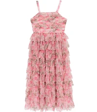 Rare Editions Big Girls Sleeveless Floral-Printed Pleated-Bodice/Ruffle-Tier Mesh Long Dress