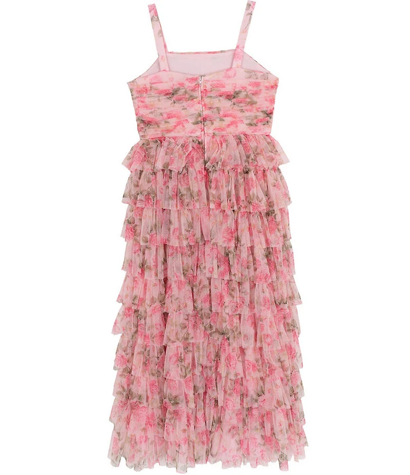 Rare Editions Big Girls Sleeveless Floral-Printed Pleated-Bodice/Ruffle-Tier Mesh Long Dress