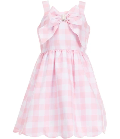 Rare Editions Big Girls Sleeveless Gingham-Printed Bow Accent with Pearls Fit-And-Flare Scallop Hem Dress