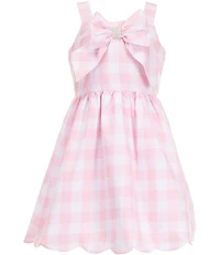 Rare Editions Big Girls Sleeveless Gingham-Printed Bow Accent with Pearls Fit-And-Flare Scallop Hem Dress